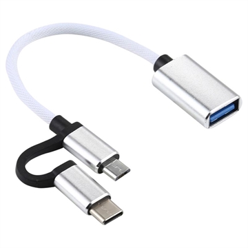 Nylonflettet USB 3.0 til USB-C / MicroUSB OTG Kabel Adapter - Hvit