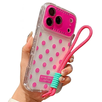 iPhone 17 Pro Max PC / TPU-deksel med linsefilm og stropp - Polka Dot - Varm Rosa