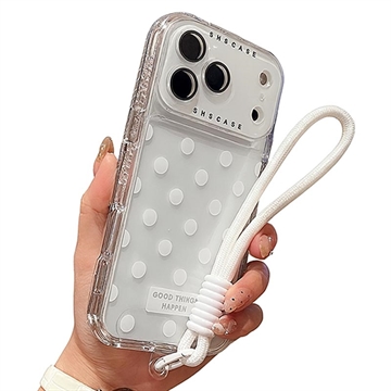 iPhone 17 Pro Max PC / TPU-deksel med linsefilm og stropp - Polka Dot - Hvit