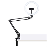 PULUZ 10.2"s 26cm buet ringlys + skrivebordsarmstativ USB 3 moduser dimbar LED Vlogging Selfie-fotografering Videolys med to fargetemperaturer og telefonklemme