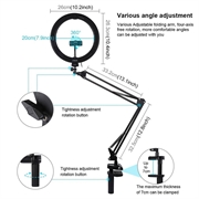 PULUZ 10.2"s 26cm buet ringlys + skrivebordsarmstativ USB 3 moduser dimbar LED Vlogging Selfie-fotografering Videolys med to fargetemperaturer og telefonklemme