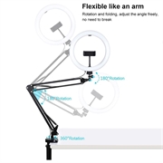 PULUZ 10.2"s 26cm buet ringlys + skrivebordsarmstativ USB 3 moduser dimbar LED Vlogging Selfie-fotografering Videolys med to fargetemperaturer og telefonklemme