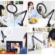 PULUZ 10.2"s 26cm buet ringlys + skrivebordsarmstativ USB 3 moduser dimbar LED Vlogging Selfie-fotografering Videolys med to fargetemperaturer og telefonklemme