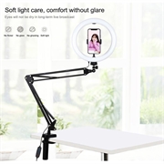 PULUZ 10.2"s 26cm buet ringlys + skrivebordsarmstativ USB 3 moduser dimbar LED Vlogging Selfie-fotografering Videolys med to fargetemperaturer og telefonklemme