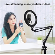 PULUZ 10.2"s 26cm buet ringlys + skrivebordsarmstativ USB 3 moduser dimbar LED Vlogging Selfie-fotografering Videolys med to fargetemperaturer og telefonklemme