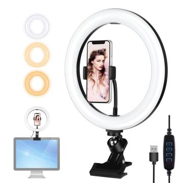 PULUZ PKT3126B LED-ringlyssett 10.2" 26cm Videokonferanselys 3 dimbare farger 10 lysstyrkenivåer for kamera, smarttelefon, YouTube, TikTok og selvportrett