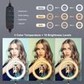 PULUZ PU397 10-tommers 3-trinns dimbar LED-ringlampe for videofotografering med mobiltelefonklemme for vlogging - svart