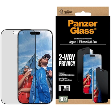 iPhone 17/16 Pro PanzerGlass Ultra-Wide Fit EasyAligner 2-Way Privatliv Beskyttelsesglass - 9H - svart kant