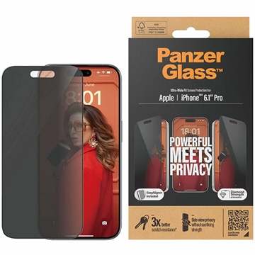iPhone 15 Pro PanzerGlass Ultra-Wide Fit Privacy EasyAligner Beskyttelsesglass - Svart Kant