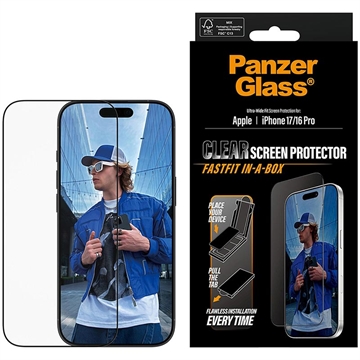 iPhone 17/16 Pro PanzerGlass Ultra-Wide Fit m. FastFit In-A-Box Beskyttelsesglass - 9H - svart kant