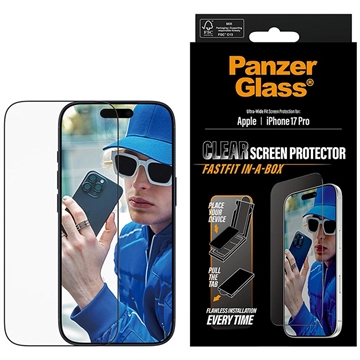 iPhone 17 Pro PanzerGlass Ultra-Wide Fit m. FastFit In-A-Box Beskyttelsesglass - 9H - svart kant