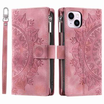 Telefonskall for iPhone 14 Plus, Anti-ripe Mandala Flower Imprinted PU-skinndekselstativ med flere kortspor Glidelåslomme lommebokveske - Rose Gold