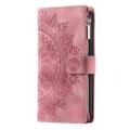 Telefonskall for iPhone 14 Plus, Anti-ripe Mandala Flower Imprinted PU-skinndekselstativ med flere kortspor Glidelåslomme lommebokveske - Rose Gold