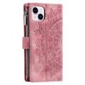 Telefonskall for iPhone 14 Plus, Anti-ripe Mandala Flower Imprinted PU-skinndekselstativ med flere kortspor Glidelåslomme lommebokveske - Rose Gold