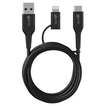 Prio 2-i-1 High-Speed USB-C / Lightning til USB-A Kabel - 1.2m - Svart
