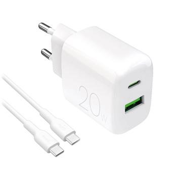 Puro Prolite 20W dobbeltportlader med USB-C-kabel - hvit