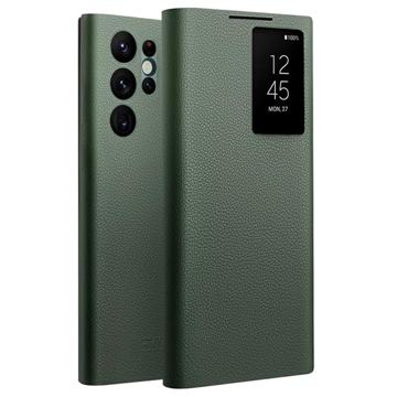 Qialino Smart View Samsung Galaxy S22 Ultra 5G flip-etui i skinn - grønn