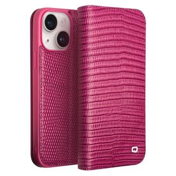 Qialino iPhone 15 Plus Lommebok-deksel I Lær - Krokodille - Varm Rosa