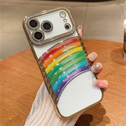 iPhone 17 Pro Max Regnbue kvikksand hybrid-deksel med rhinestone kameradekor - Gull