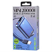 Remax AS-182-45 20000mAh powerbank med USB-C- og Lightning-kabler - 45W