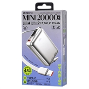 Remax AS-182-45 20000mAh powerbank med USB-C- og Lightning-kabler - 45W - sølv