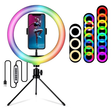 S26-RGB 10" RGB LED-ringlys for selfiefotografering med telefonholder og stativ