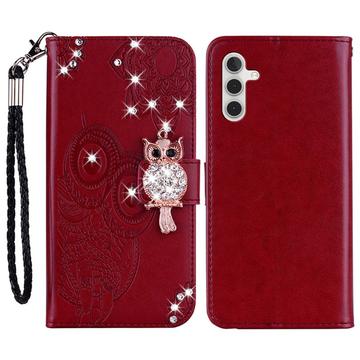 Samsung Galaxy A25 Ugle Rhinestone Lommebok-deksel - Rød