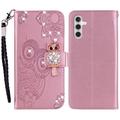 Samsung Galaxy A55 Ugle Rhinestone Lommebok-deksel - Rose Gold