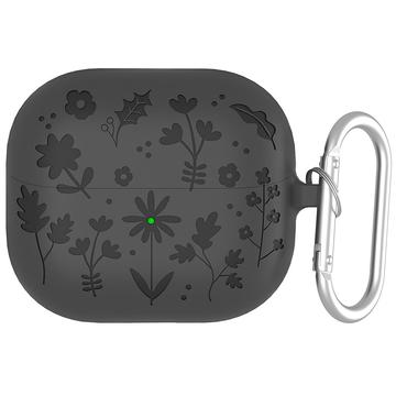 Samsung Galaxy Buds3/Buds3 Pro Etui i flytende silikon med karabinkrok og blomstermønster - mørkegrå