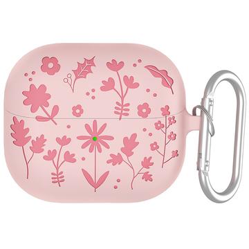 Samsung Galaxy Buds3/Buds3 Pro Etui i flytende silikon med karabinkrok og blomstermønster - Lys rosa