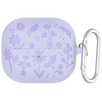 Samsung Galaxy Buds3/Buds3 Pro Etui i flytende silikon med karabinkrok og blomstermønster - lys lilla