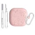 Samsung Galaxy Buds4/Buds4 Pro silikonetui med blomstermotiv og rengjøringspenner - rosa