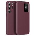 Samsung Galaxy S22 Ultra 5G Smart Clear View Flip-etui med kortspor (Åpen Emballasje - Bulk Tilfredsstillende) - vinrød