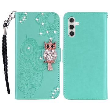 Samsung Galaxy S24 FE Ugle Rhinestone Lommebok-deksel med rhinestone - Cyan