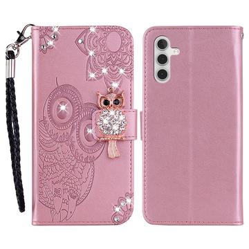 Samsung Galaxy S24 FE Ugle Rhinestone Lommebok-deksel - Roségull