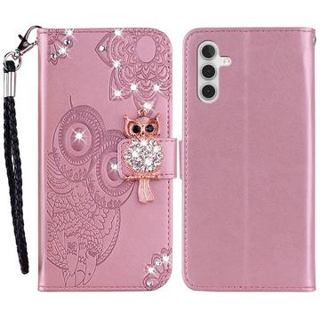 Samsung Galaxy S24+ Ugle Rhinestone Lommebok-deksel - Rose Gold
