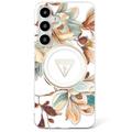 Samsung Galaxy S25 Guess Glitter Flowers Triangle Buttons MagSafe-deksel - Hvit