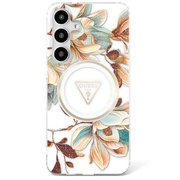 Samsung Galaxy S25 Guess Glitter Flowers Triangle Buttons MagSafe-deksel - Hvit