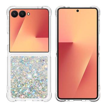 Samsung Galaxy Z Flip7 Glitter Quicksand TPU-deksel - Sølvhjerter