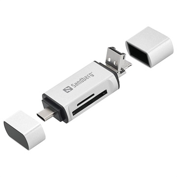 Sandberg SD / MicroSD Kortleser - USB-A / USB-C / MicroUSB - Sølv