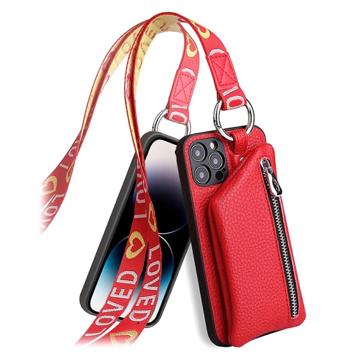 Strap Series iPhone 14 Pro Max Deksel med Avtakbart Lommebok - Rød