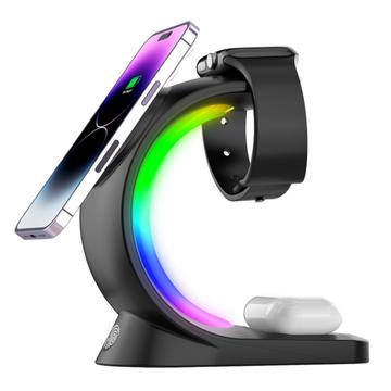 T17 3-I-1 Magnetisk Trådløs Lader til iPhone 12/13/14/15/16/17/Air-Serien Med RGB-Lys