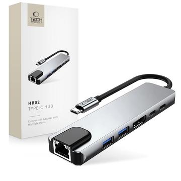Tech-Protect HB02 6-i-1 USB-C-hubadapter med USB 2.0, USB 3.0, HDMI 4K 30Hz, RJ45 Ethernet og USB-C 100W PD - plass grå