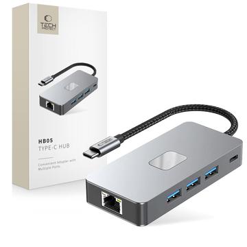 Tech-Protect HB05 9-i-1 USB-C-hubadapter med HDMI 4K 60Hz, SD/TF-kortlesere, USB-C 100W PD, RJ45 Ethernet, USB 3.0/2.0 - plass grå