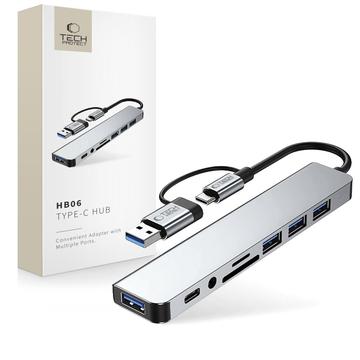 Tech-Protect HB06 9-i-1 USB-A/USB-C-hubadapter med USB 2.0, USB 3.0, SD/TF-kortlesere, 3.5mm lydkontakt, Type-C - plass grå