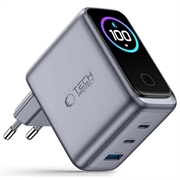 Tech-Protect PowerVision NC100W-GaN 100W lader med 3 porter - PowerView AI 2.0-skjerm - mørkegrå