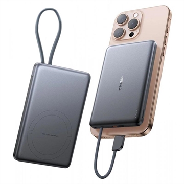 Torras Mini Slim PD Powerbank med innebygd USB-C-kabel - 10000mAh - Grå