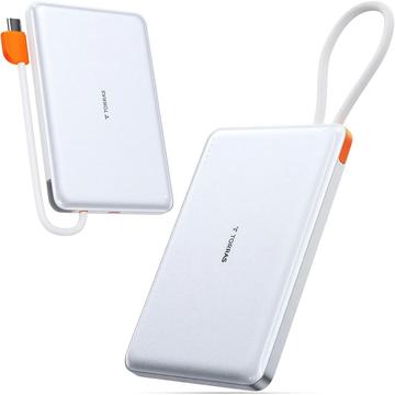 Torras Mini Slim PD Powebank med innebygd USB-C-kabel - 10000mAh - Hvit