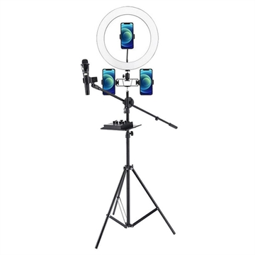 UN-700 10\'\' LED-ringlyskaster med stativstativ, lydkortskuff og 3 telefonholdere for selfie- og videofotografering på YouTube Sminke