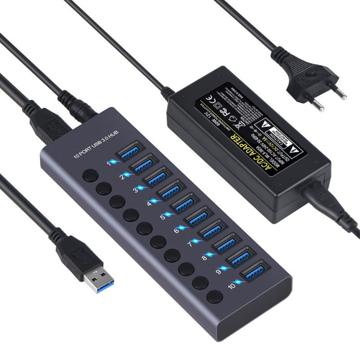 10-porters USB 3.0 Hub med individuelle strømbrytere - Grå
